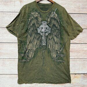Ring of Fire Graphic T-Shirt XL Celtic Cross Angel Wings Distressed Men’s Y2k